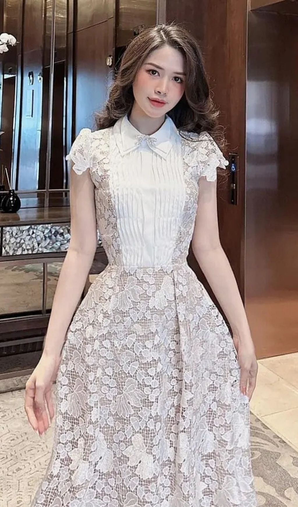 Leila White 3D Flower Embroidery Bow Lace Midi Dress