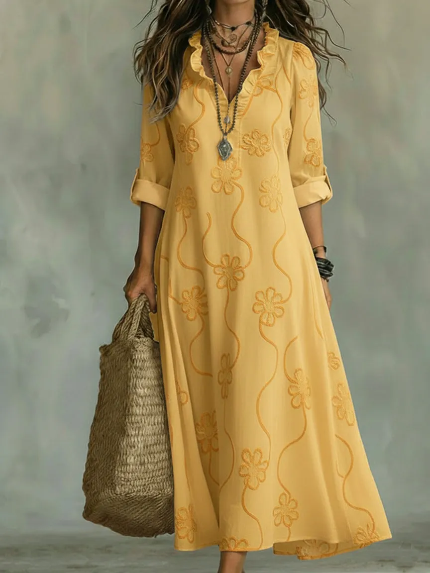 cd117c3a417eda8d3d7ff958966f47d9 Elegant Floral Print Ruffled Collar Midi Dress
