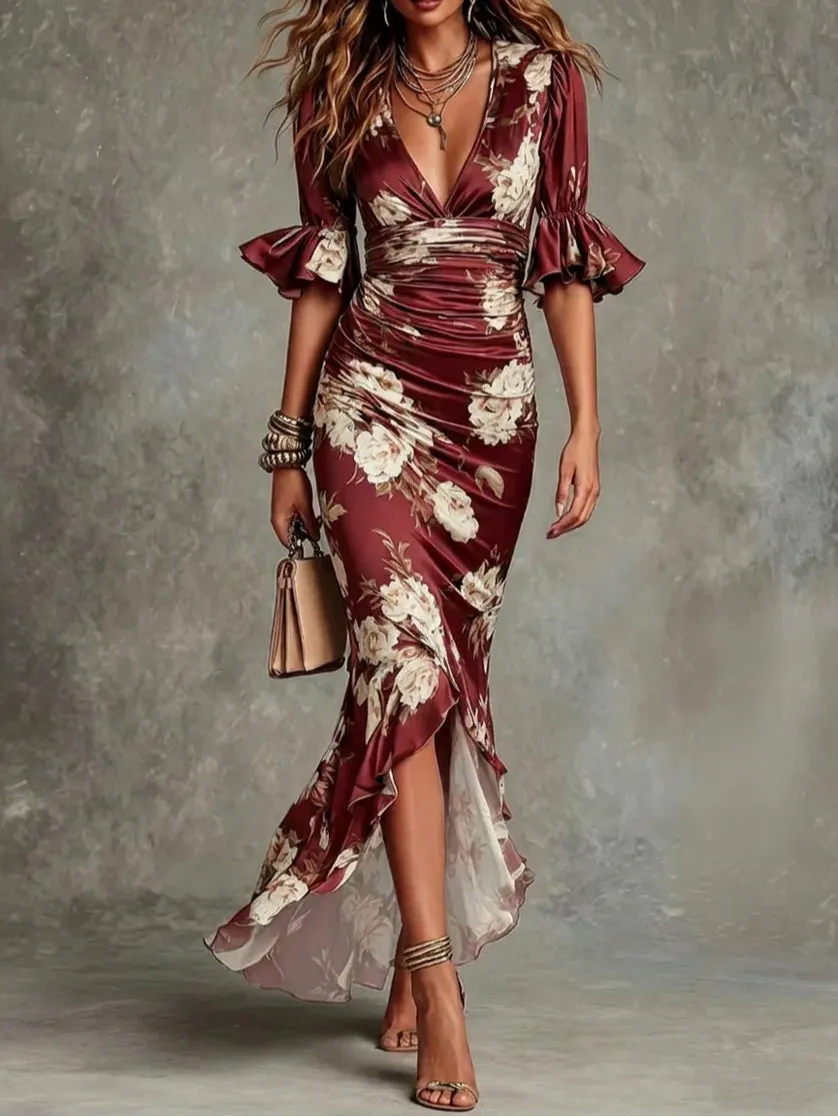 cd9bd93b97fdaf04459f7b93a0c7215b Green Floral Ruffled Bell Sleeve V-neck Satin Asymmetrical Maxi Dress