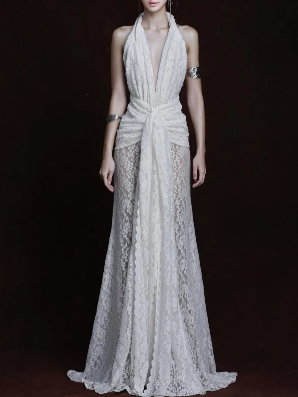 Fynderic Plunge Neck Lace Split Maxi Dress