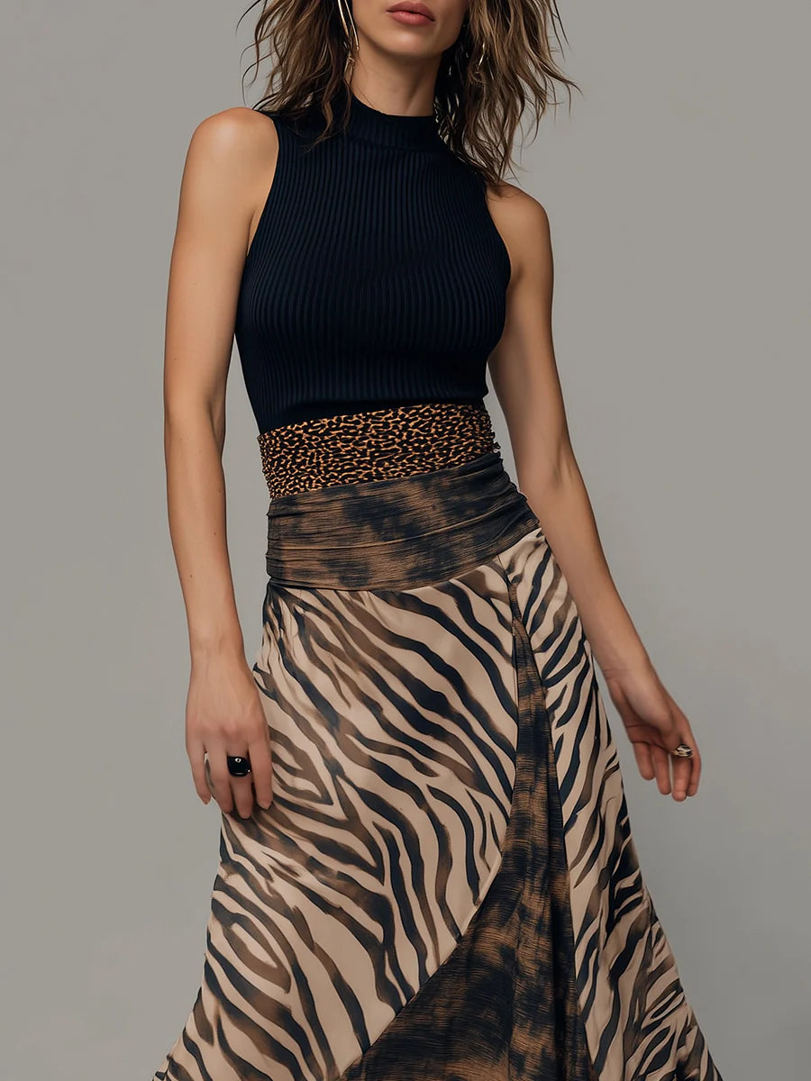 ce0534368bcb5e702845c83dfeaf2f01 Vintage Zebra Print Patchwork Sleeveless Midi Dress