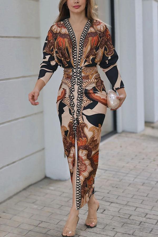 Unique Print Dolman Long Sleeve Ruched Slit Midi Dress - OWNCI Unique Print Dolman Long Sleeve Ruched Slit Midi Dress - OWNCI
