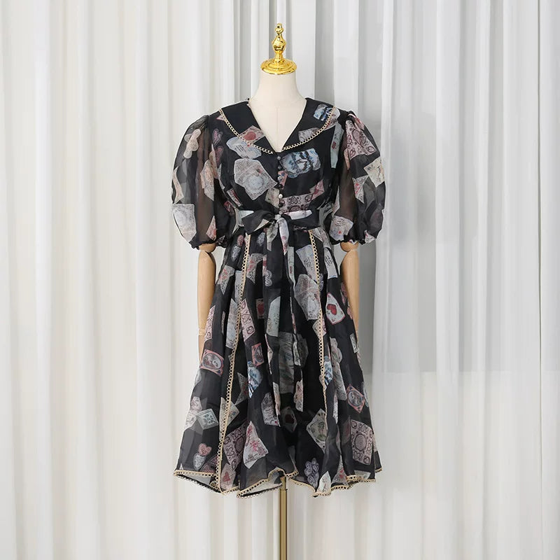 V-Neck Balloon Sleeve Playing Card Print Belted Midi Dress