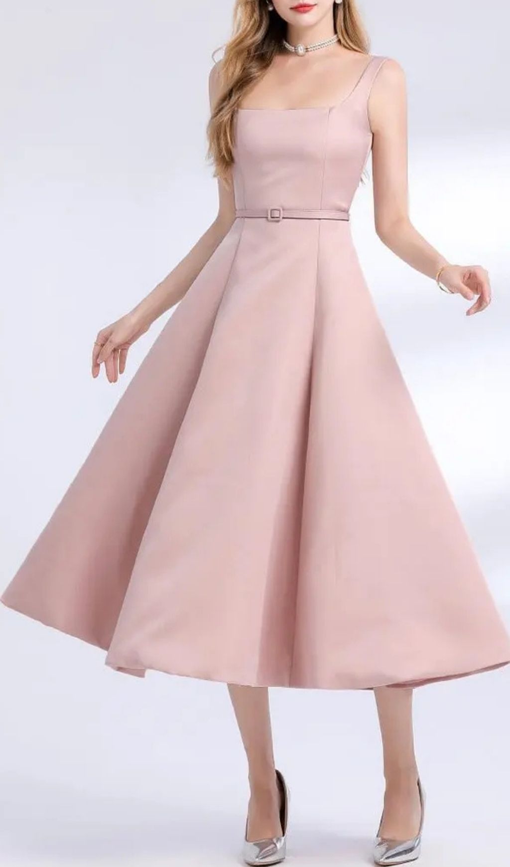 Amelia Square Neck Satin Slip Midi Dress - Pink