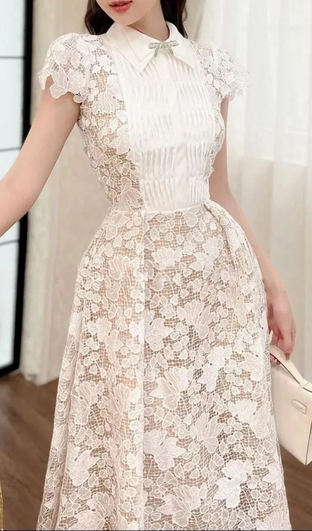 Leila White 3D Flower Embroidery Bow Lace Midi Dress