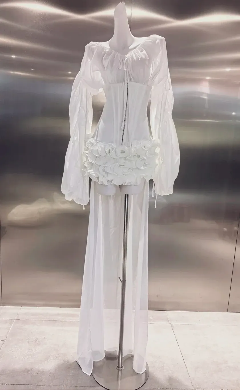 Off Shoulder Sheer Sleeve Corset Ruffle High Low Mini Dress