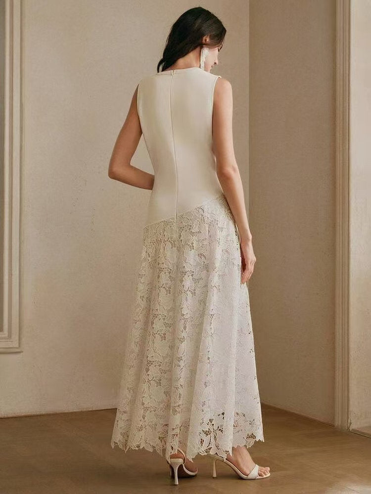 Crew Neck Lace Patchwork Sleeveless Maxi Dress - Beige