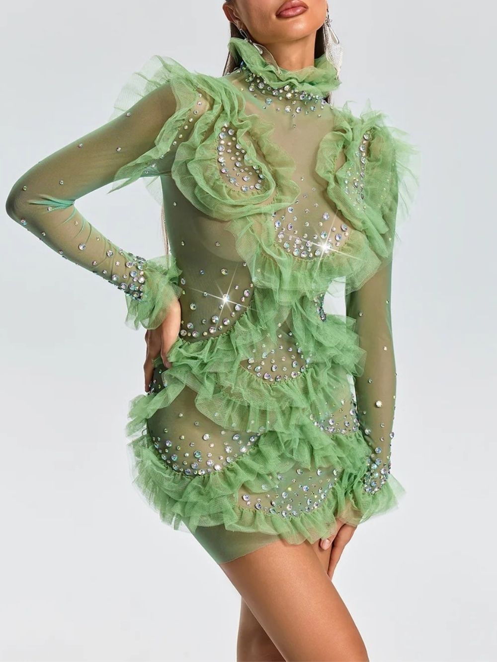 Euodia High Neck Tulle Ruffle Mesh Dress