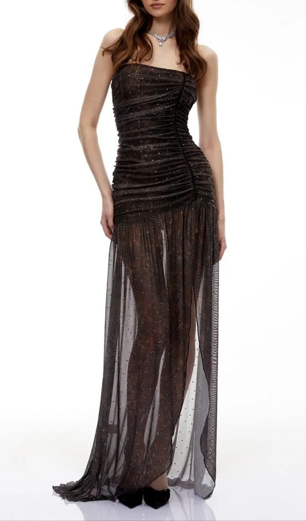 Sylvia Bling Rhinestone Embellished Ruched  Strapless Maxi Dress In Black