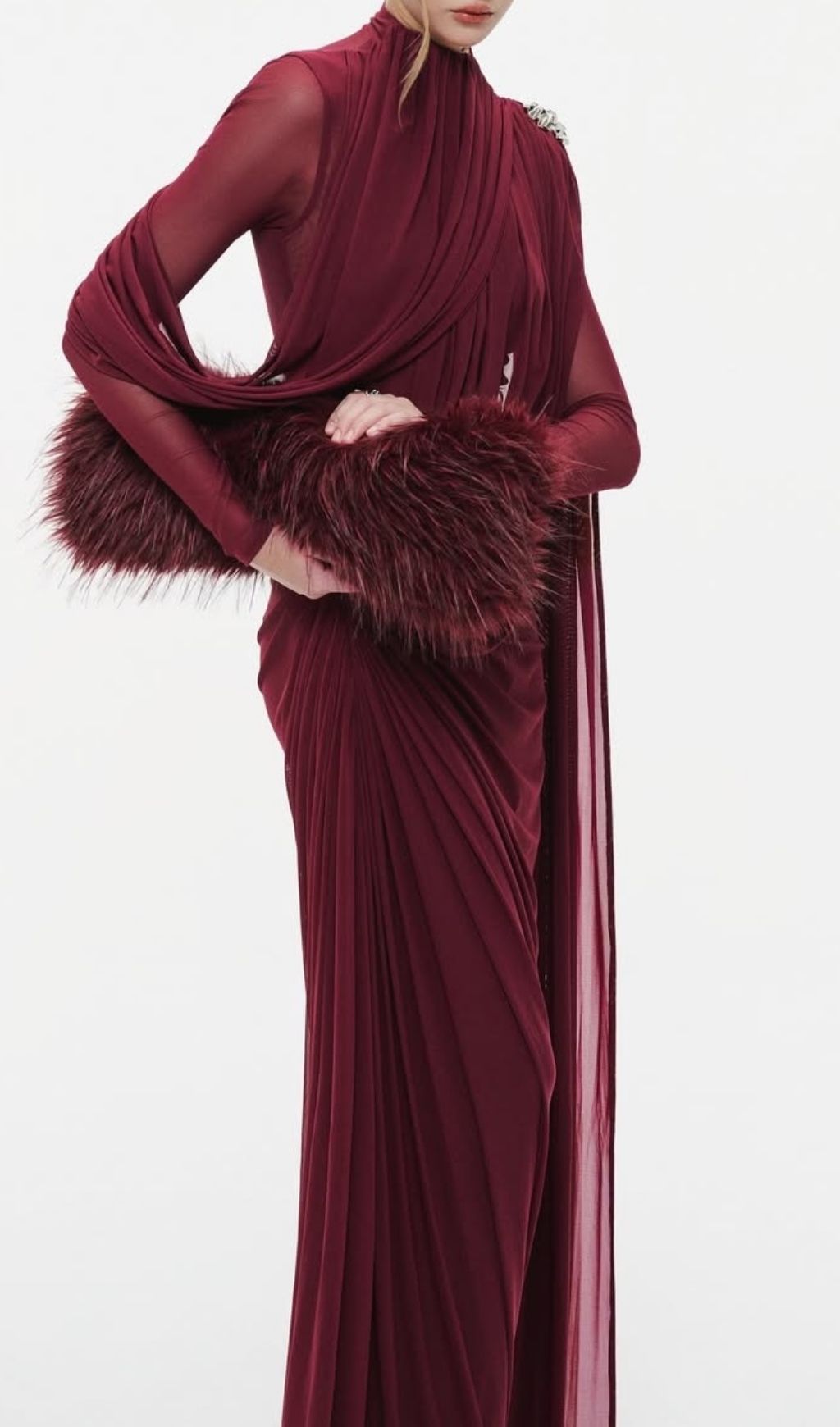 Lavan Wine Ruched Maxi Dress for Evening - red, textured maxi dress by OWNCI