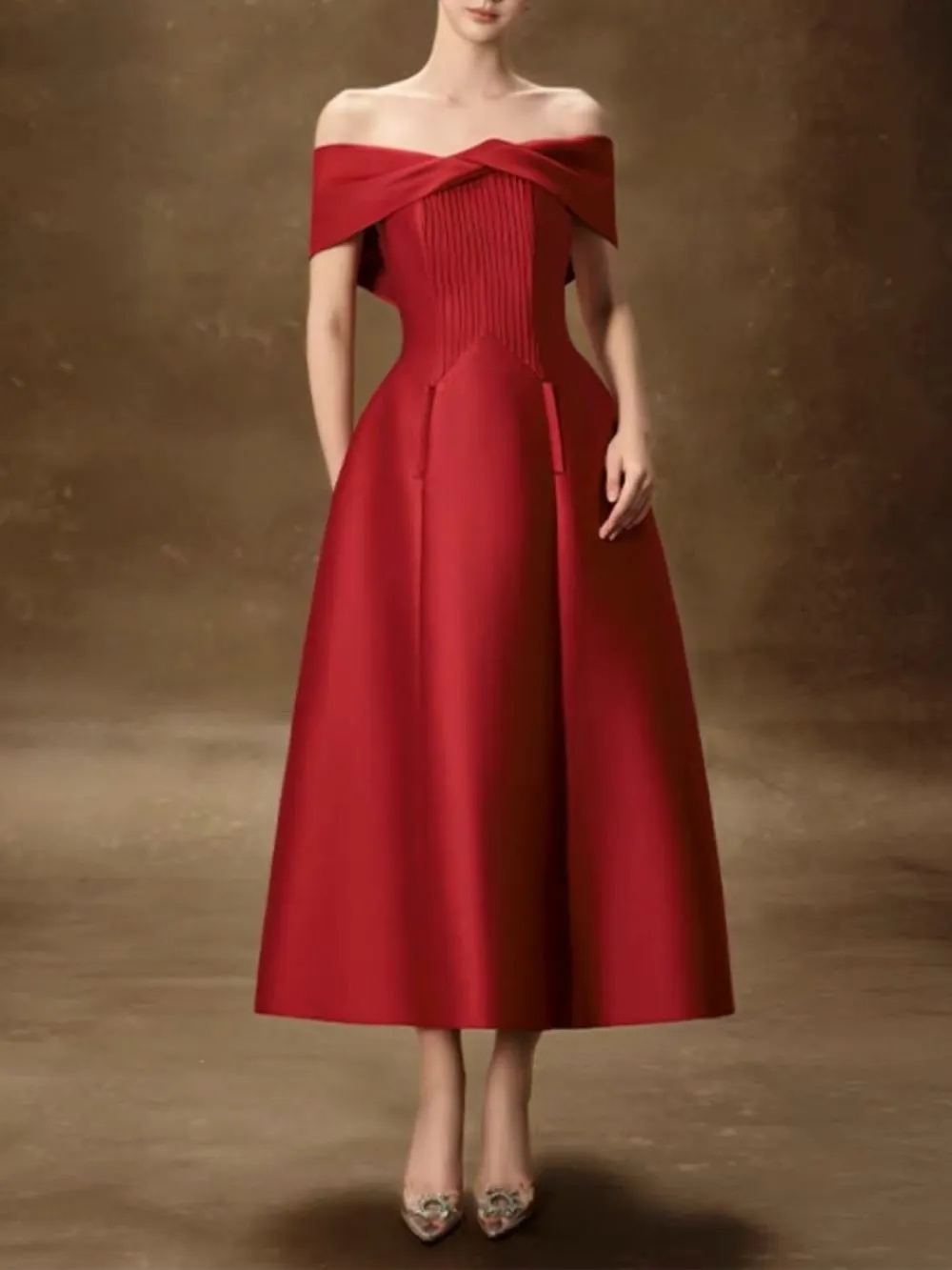 Maitane Red Off-Shoulder Midi Dress