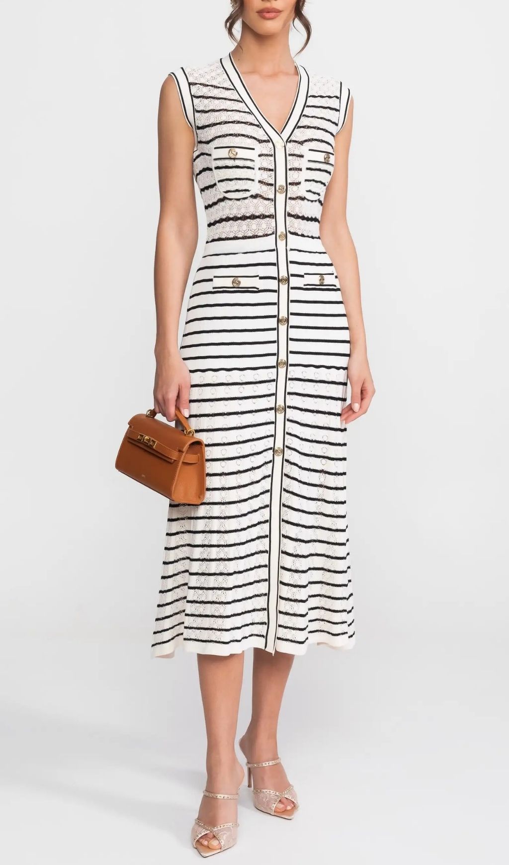 Striped Sleeveless Knit Midi Dress With V-Neck And Gold Buttons - White/Black