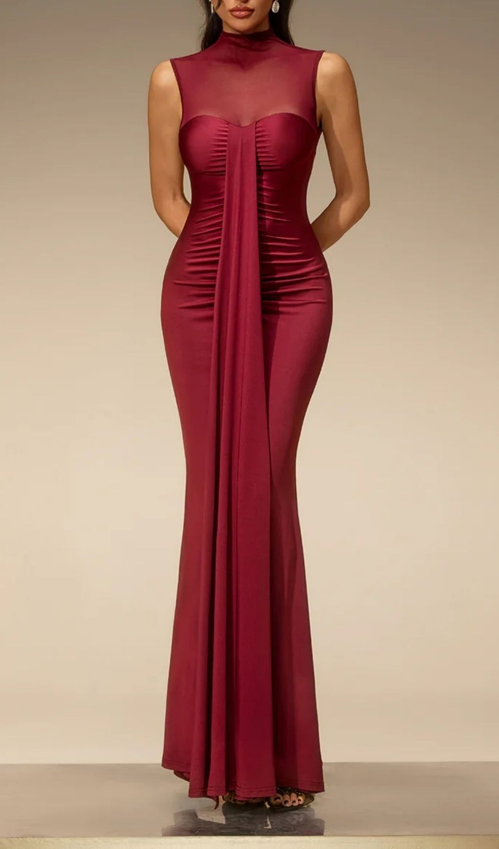 ceb61a9a55edd26cd45eaead78561f8a Eusebia Sleeveless Mesh Draped Maxi Dress