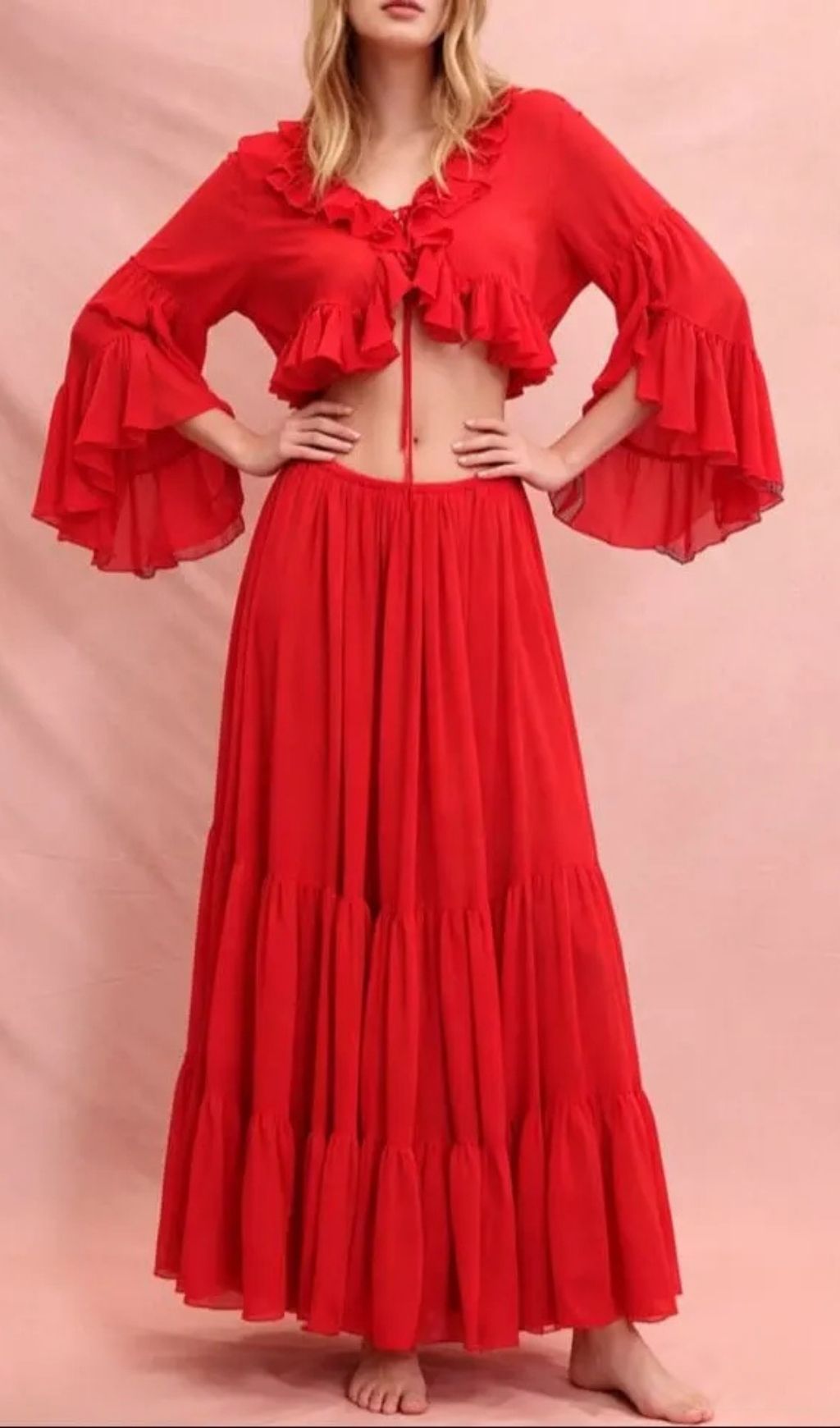 Ruffle Cardigan Crop Top & Maxi Skirt Set - Red