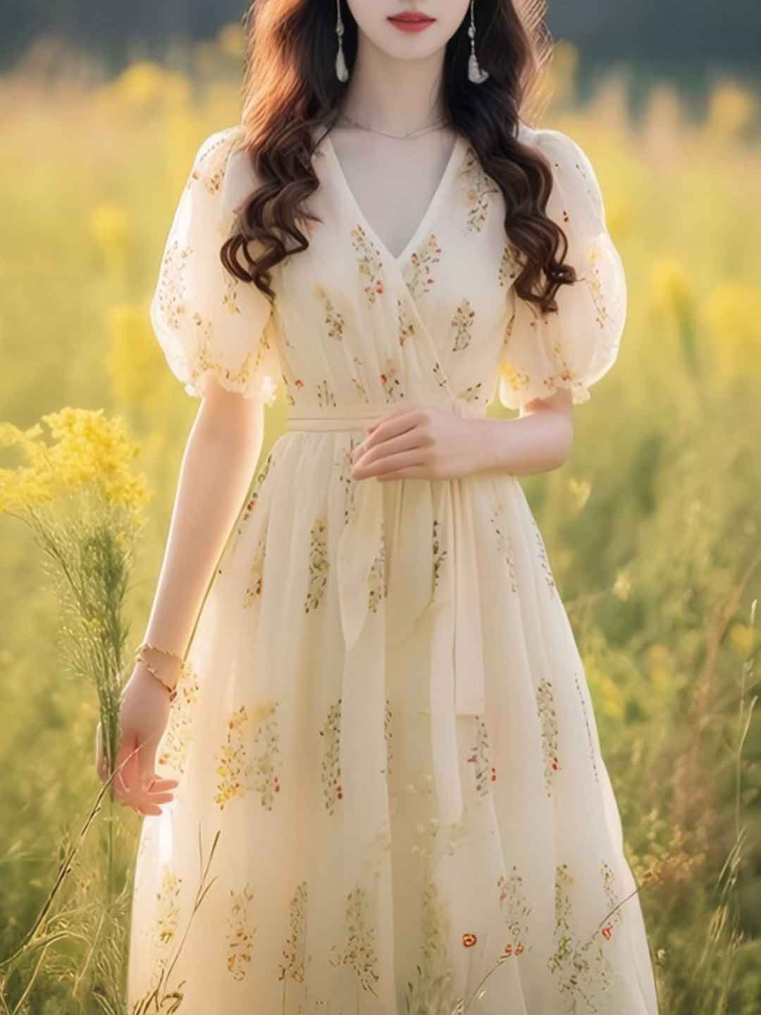 cedd3c57f62cbd6cebccfe44cd576896 Roxanne Vacation V-Neck Puff Sleeve Floral Dress