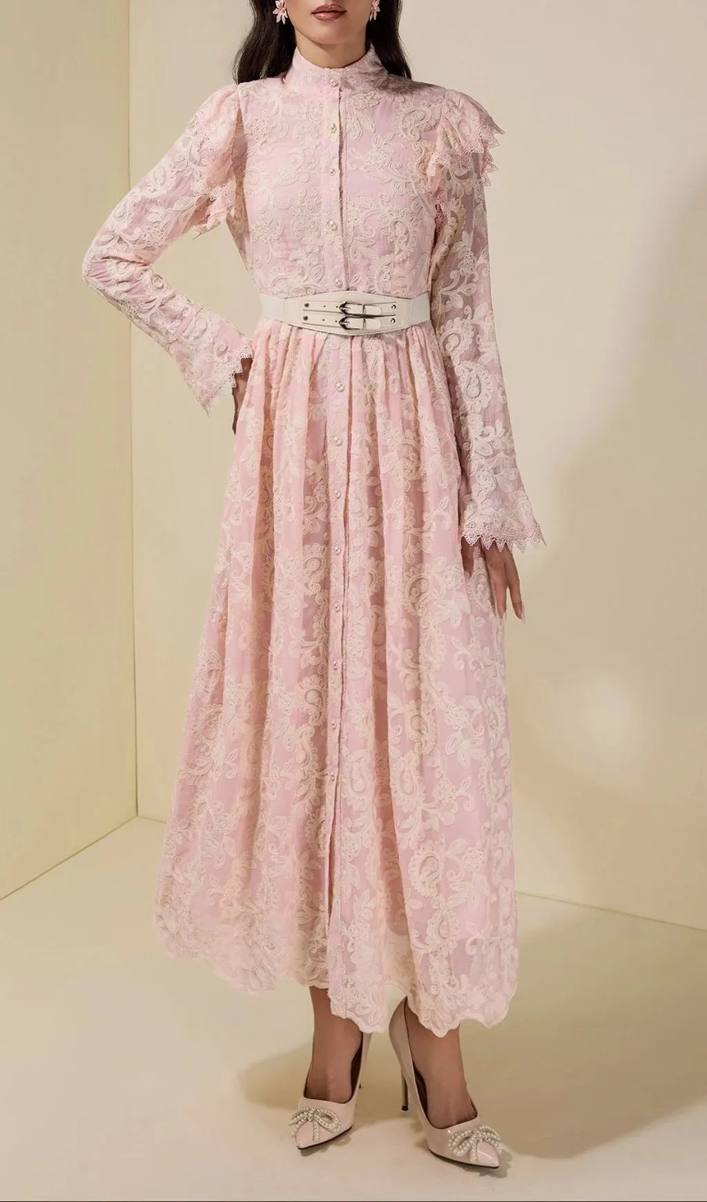 Alma Chiffon Embroidered Single Breasted Midi Dress With Belt - Pink