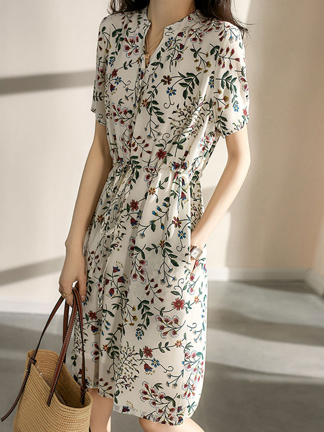 Sabrina V-Neck Printed Drawstring Chiffon Dress - OWNCI