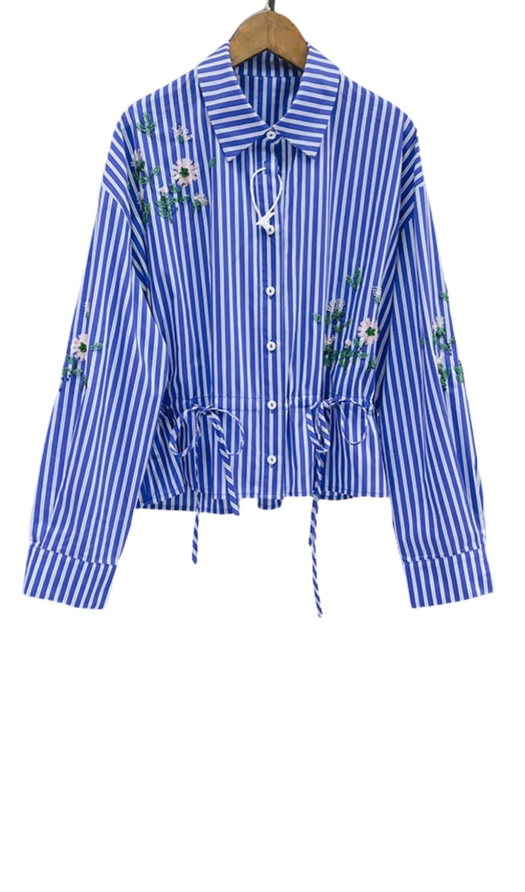 Fashionslee Women Beaded Floral Striped Shirt