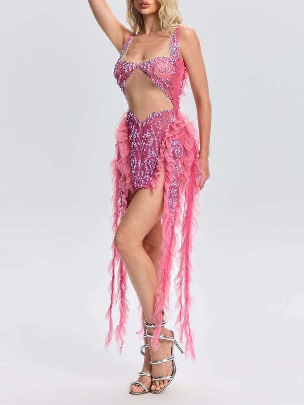 cf6d58139ffe2f60fb498b28ad595b9e Ulrican Crystal Ruffle Mesh Mini Dress
