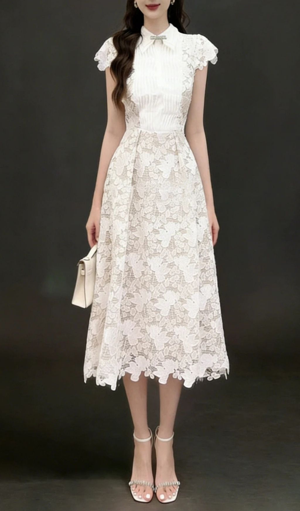 Leila White 3D Flower Embroidery Bow Lace Midi Dress
