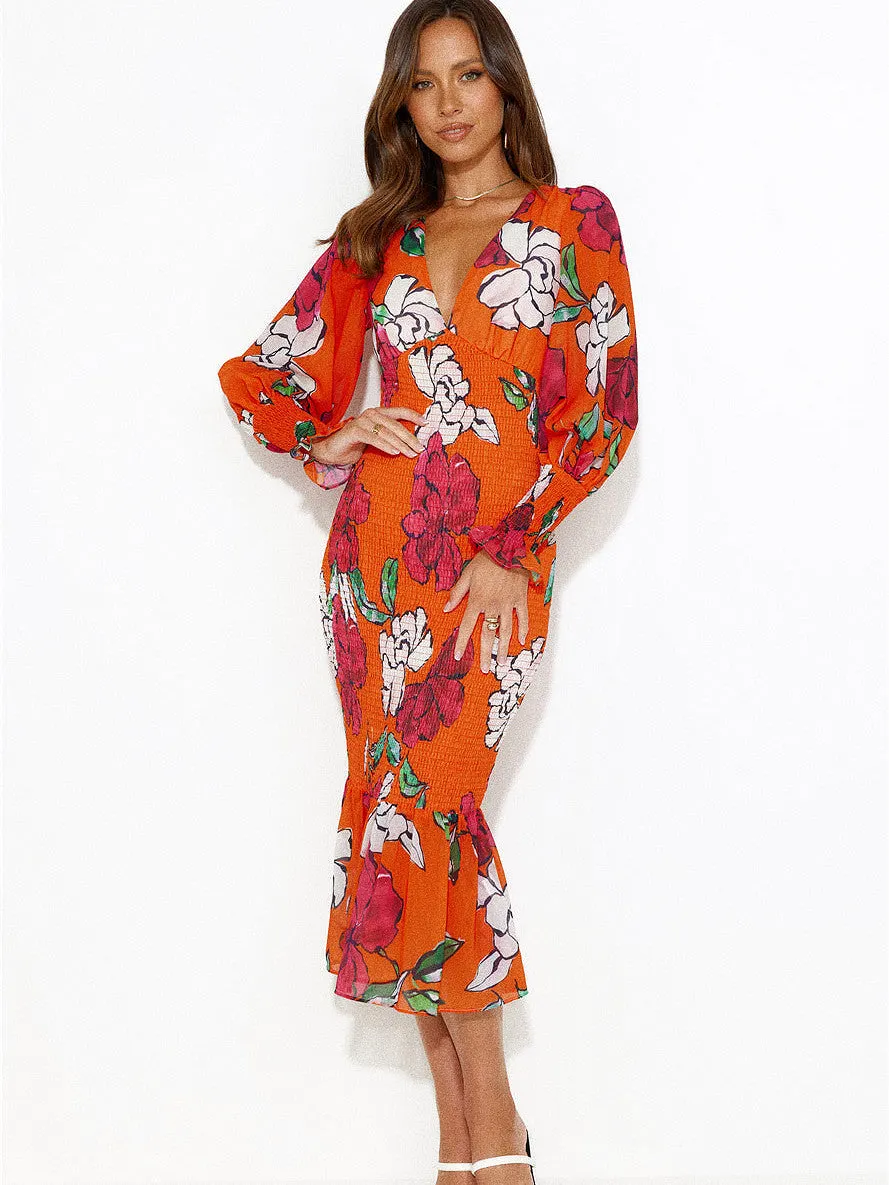 Floral V-Neck Backless Waist-Cinching Mermaid Dress
