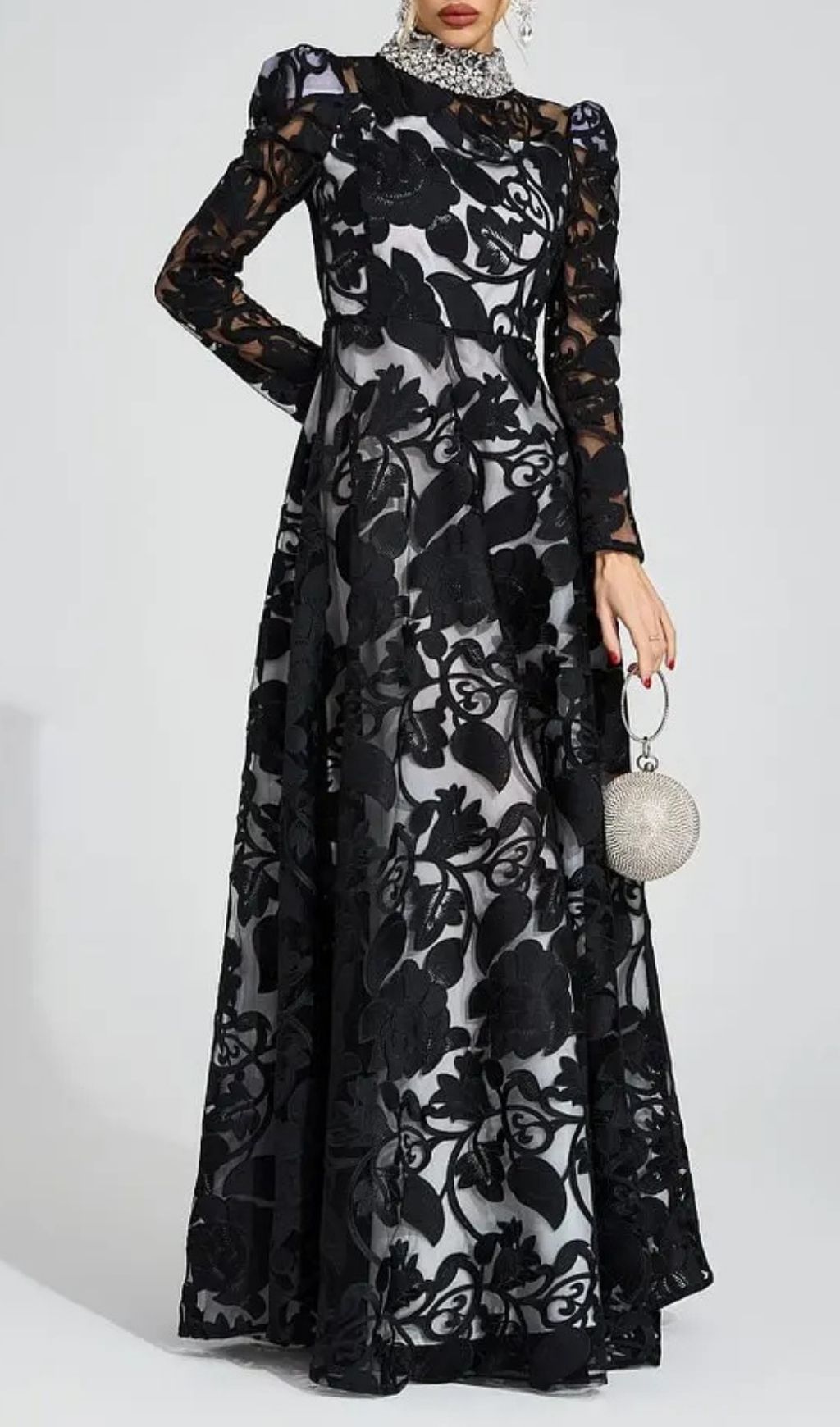 Sheila Black Diamond Embroidered Tulle Maxi Dress
