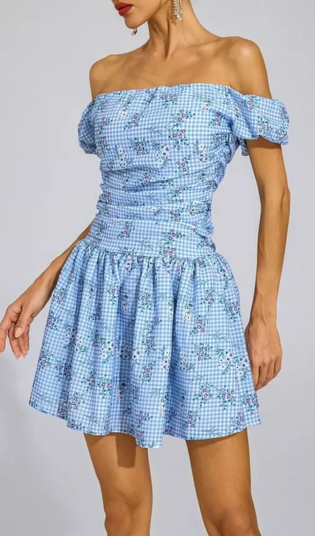 cfc9eaf7f2f67abbb95c4c64693342a1 Sophia Blue Floral Off-Shoulder Mini Dress