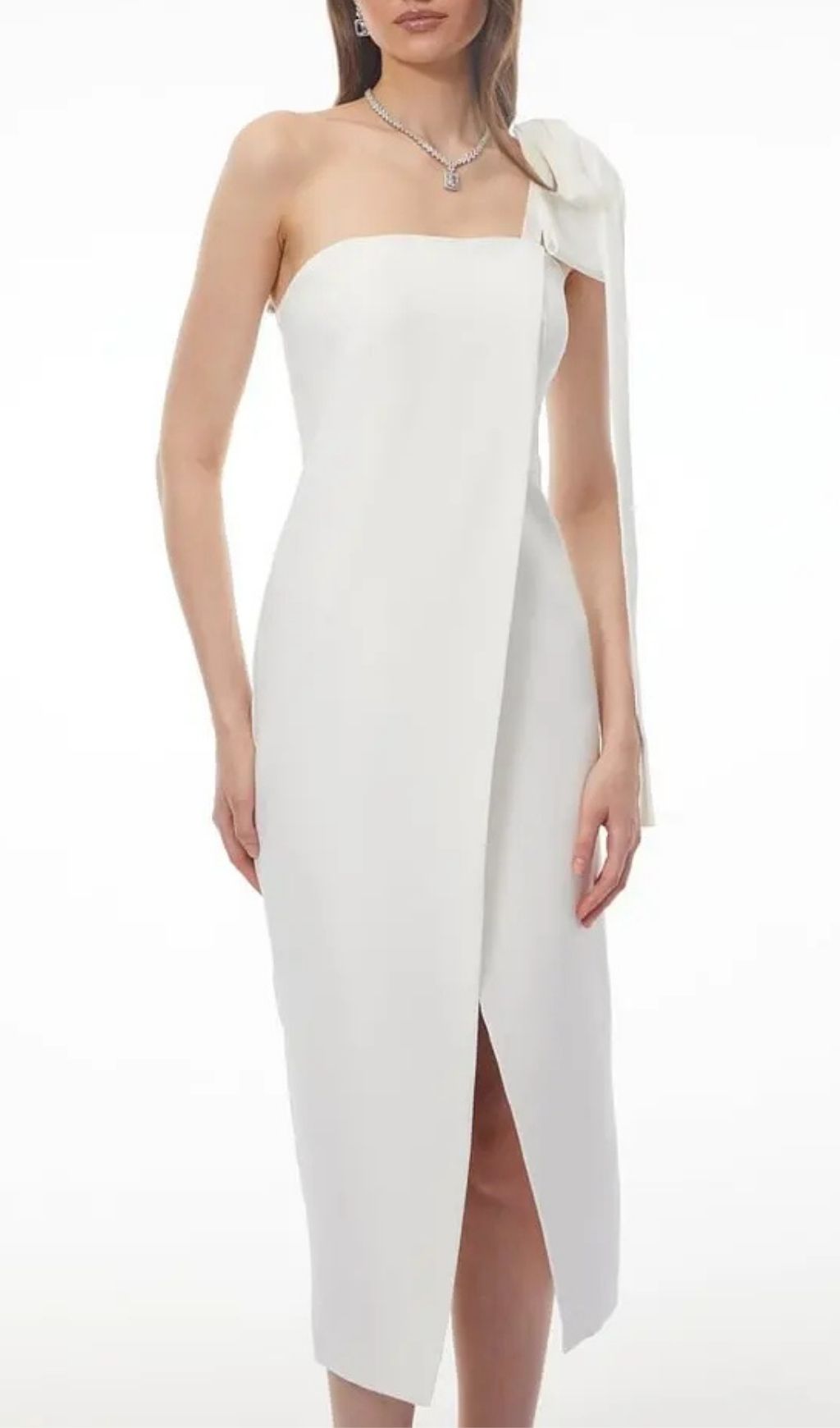 cfd043b7588dbab75243702e39939b11 Estelle White Off Shoulder Satin Midi Dress With Bow