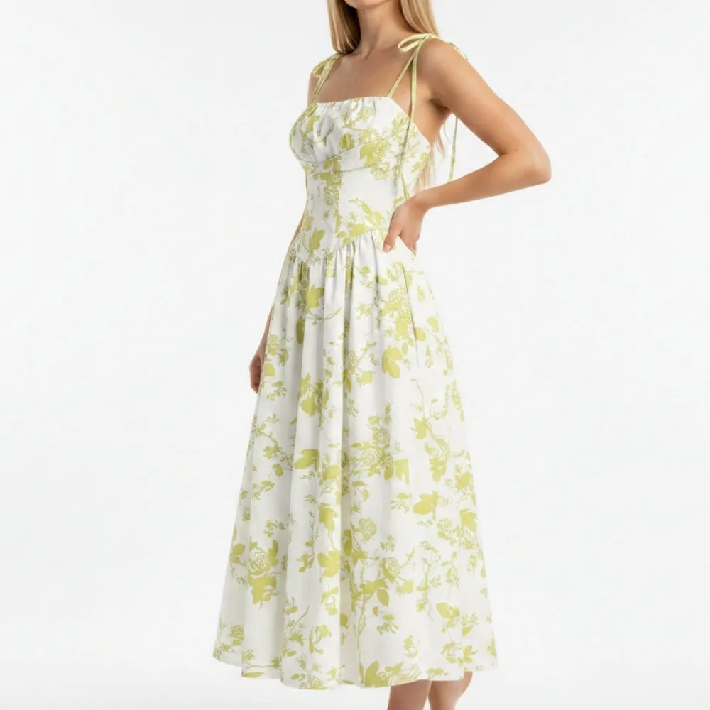 Smocked Floral Square Neck A-line Midi Dress - OWNCI