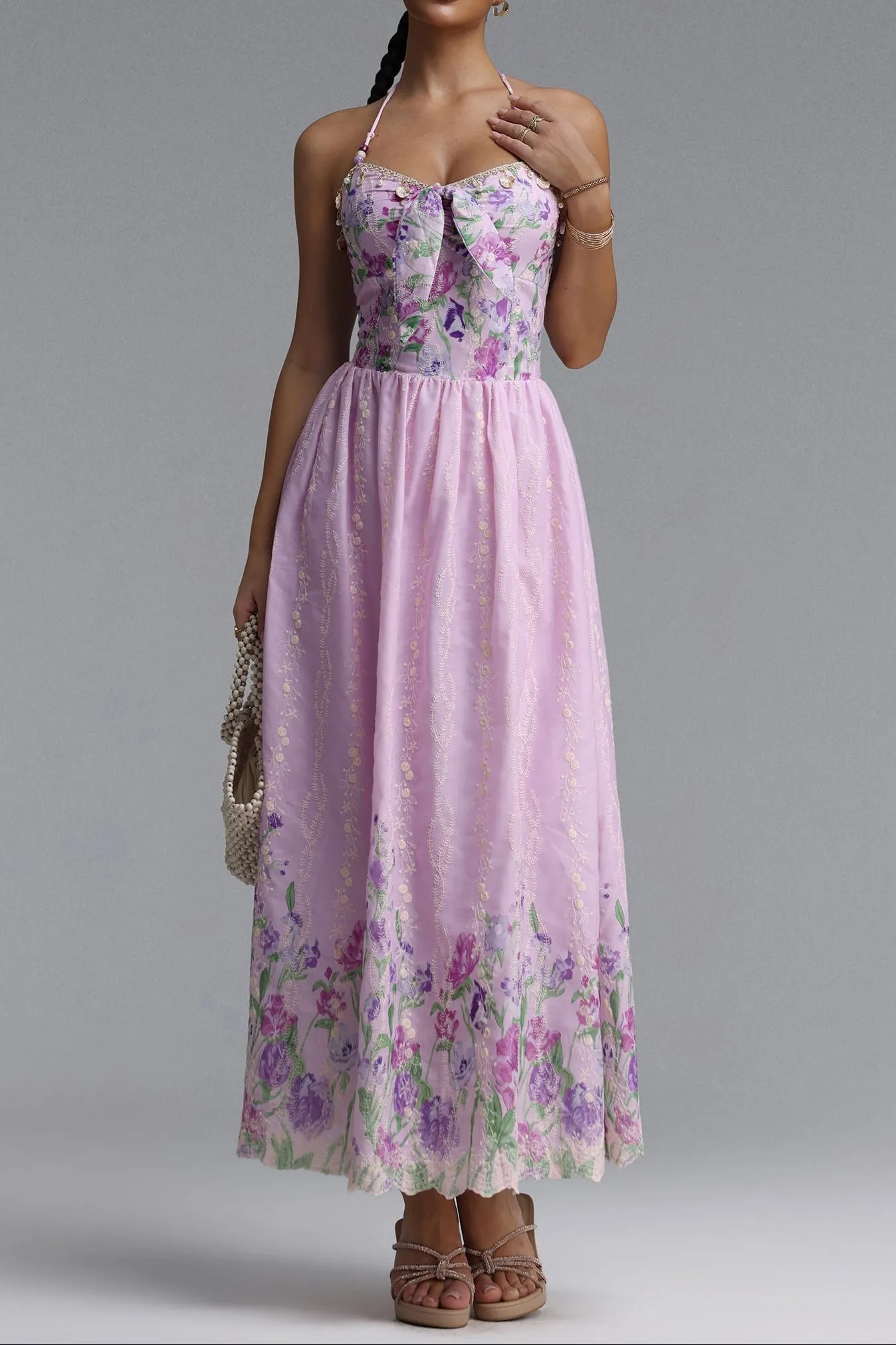 Halter Spaghetti Strap Bow Front Floral Embroidery Midi Dress