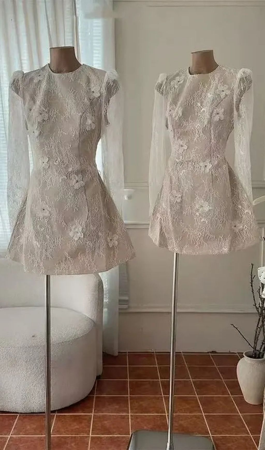 Amy Sheer Lace Long-Sleeve Floral Applique Mini Dress In Beige - OWNCI Amy Sheer Lace Long-Sleeve Floral Applique Mini Dress In Beige - OWNCI