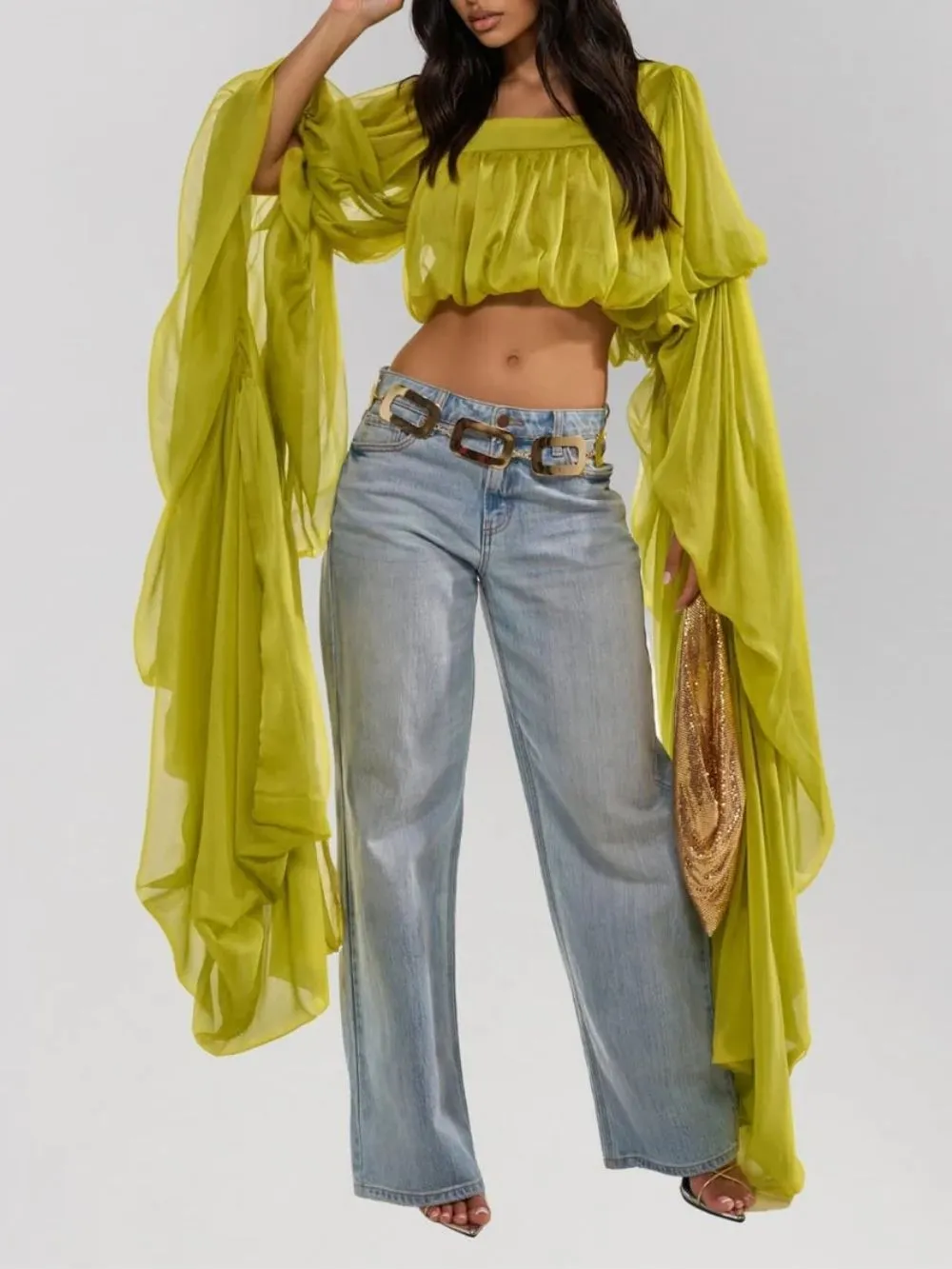 Jorvik Cape Sleeve Crop Top In Chartreuse - OWNCI Jorvik Cape Sleeve Crop Top In Chartreuse - OWNCI
