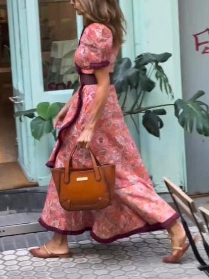 d0ca4d2e575f4a6bb6115e7e8f5340d5 Elegant Pink Floral Print Short Sleeve Maxi Dress