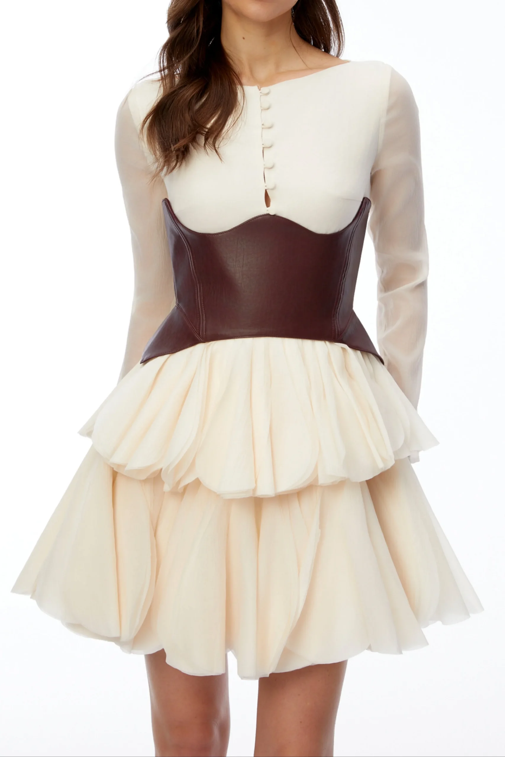 d0dd22e0061159e6329e426080412299 Cream Sheer Long Sleeve Layered Petal Mini Dress with Brown Leather Corset Belt