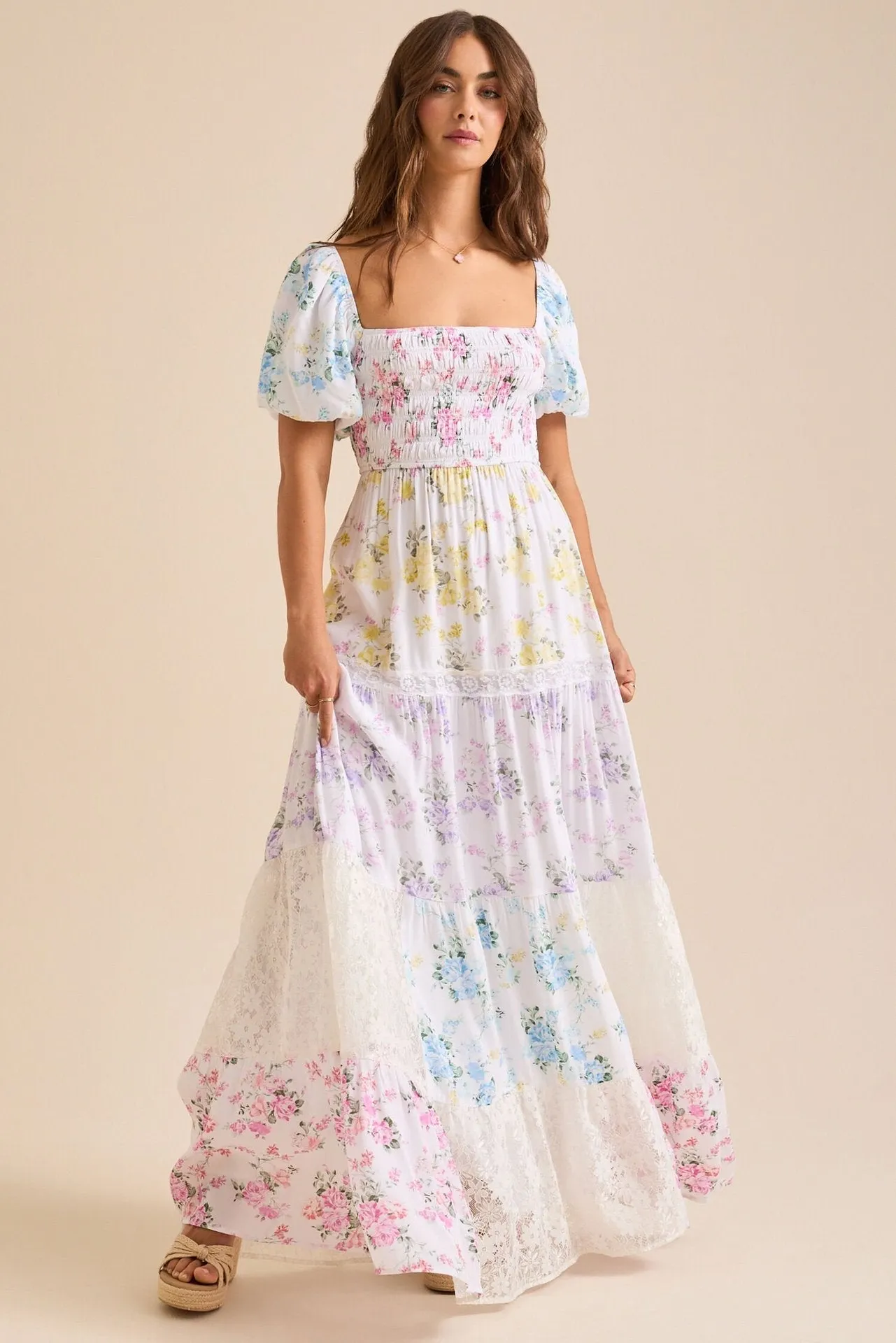 Puff-Sleeved Printed Pleated Lace Strapless Maxi Dress