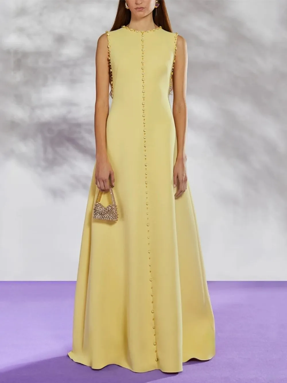Mafalda Yellow Sleeve Diamond Maxi Dress