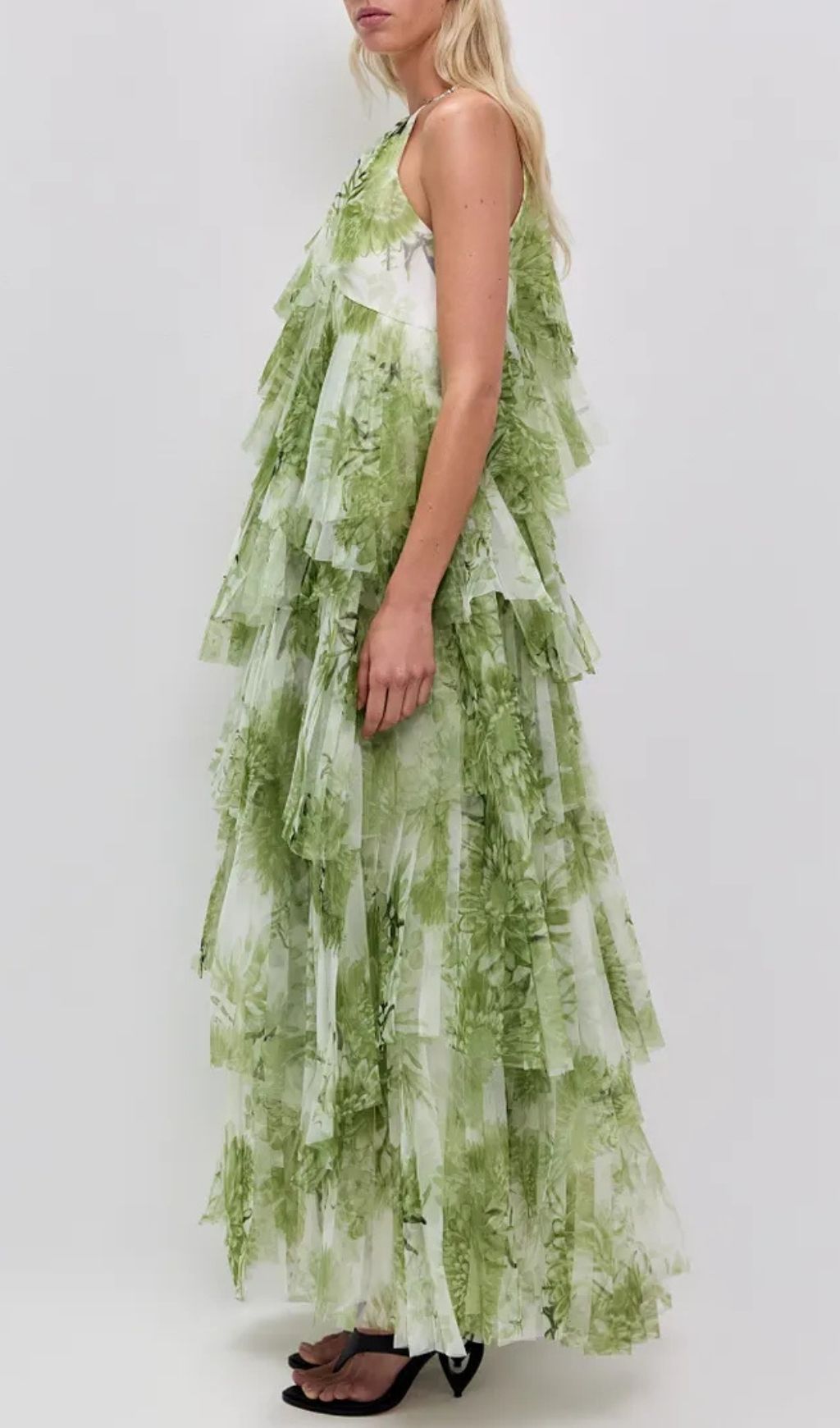 Claire Green Floral Print Pleated Layer Maxi Dress