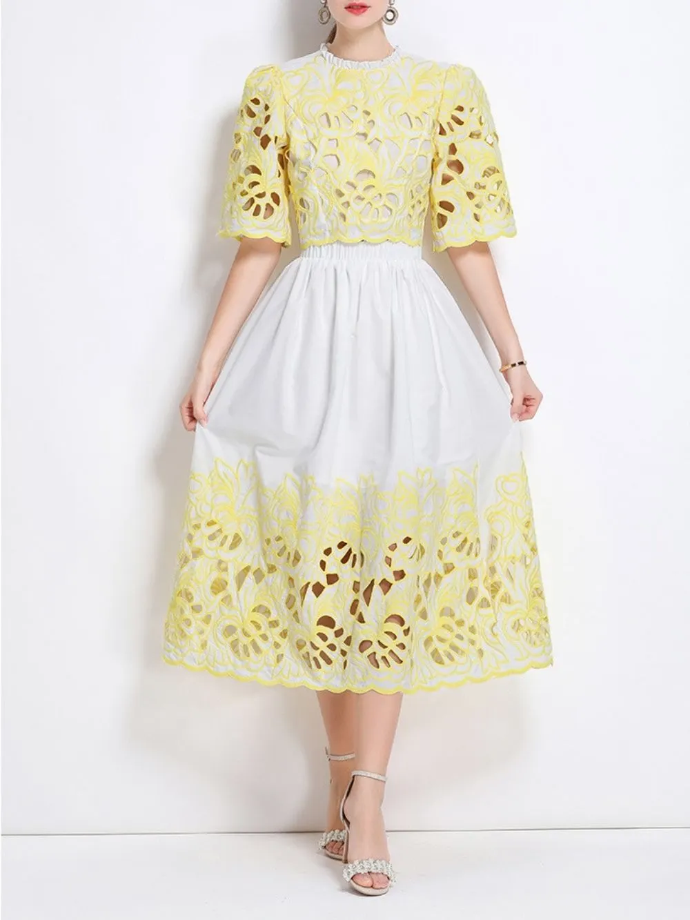 Mahira Yellow Flower Embroidery Two-Piece Set - OWNCI