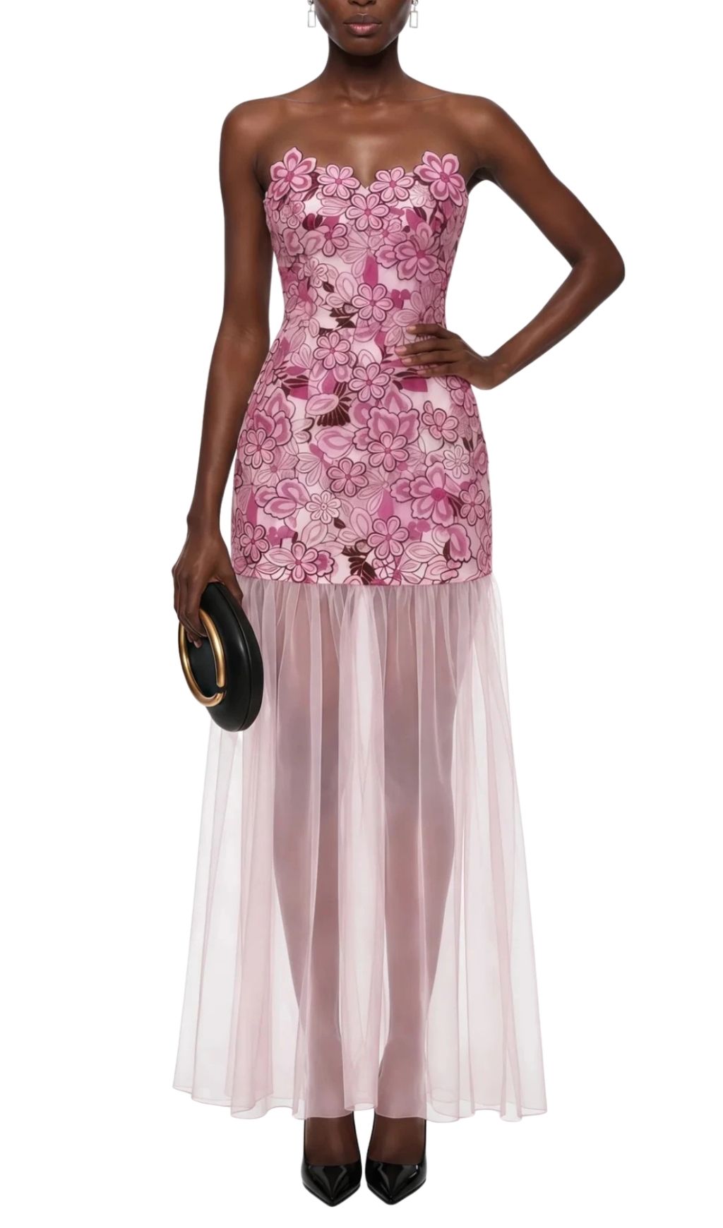 Pansya Floral Embroidery Strapless Maxi Dress - Pink