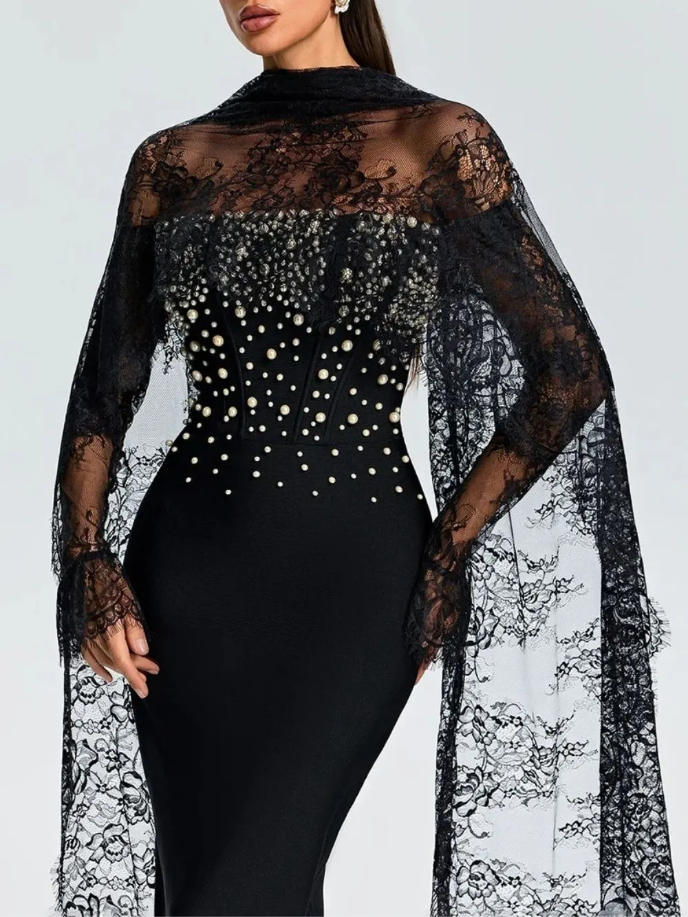 Evynne Cape Pearl Lace Maxi Dress
