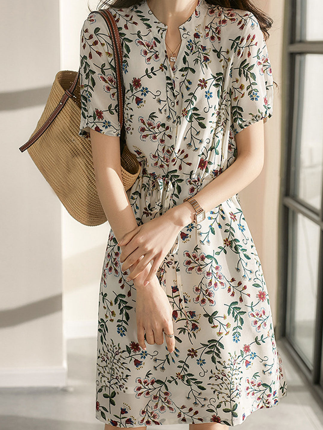 d25721f84a9e5bfe034a9da8b9863cc0 Sabrina V-Neck Printed Drawstring Chiffon Dress