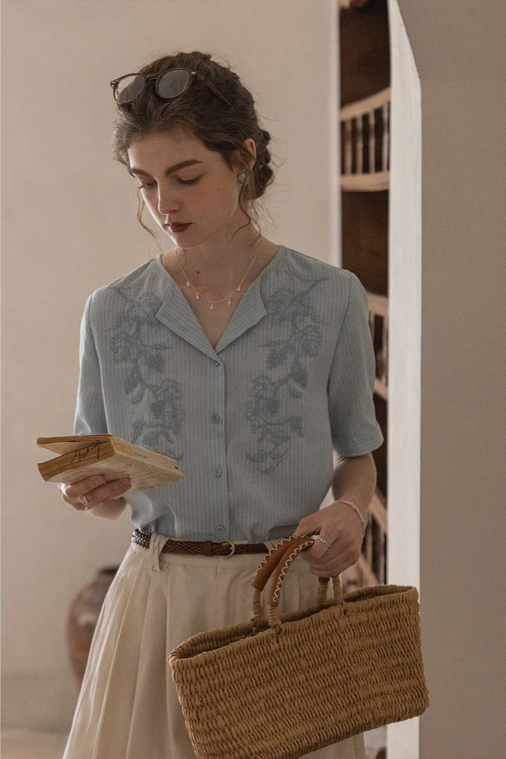 Embroidery Yarn-Dyed Striped Lapel Short-Sleeved Shirt