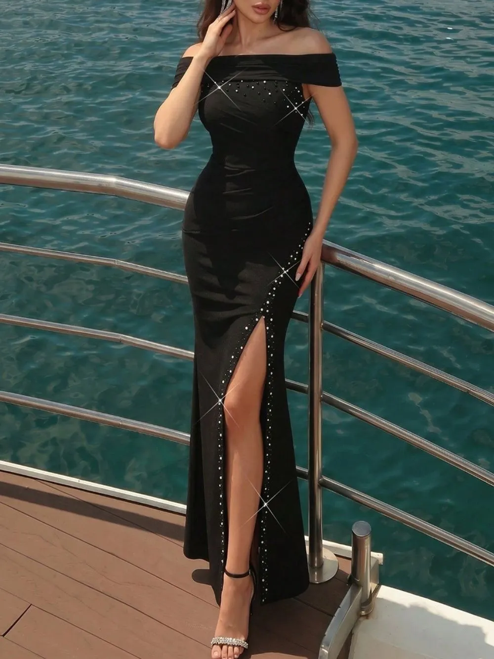 d26f376b7e8ab0e05d18bd412fde03c0 Manal Black Off-Shoulder Diamante Slit Maxi Dress