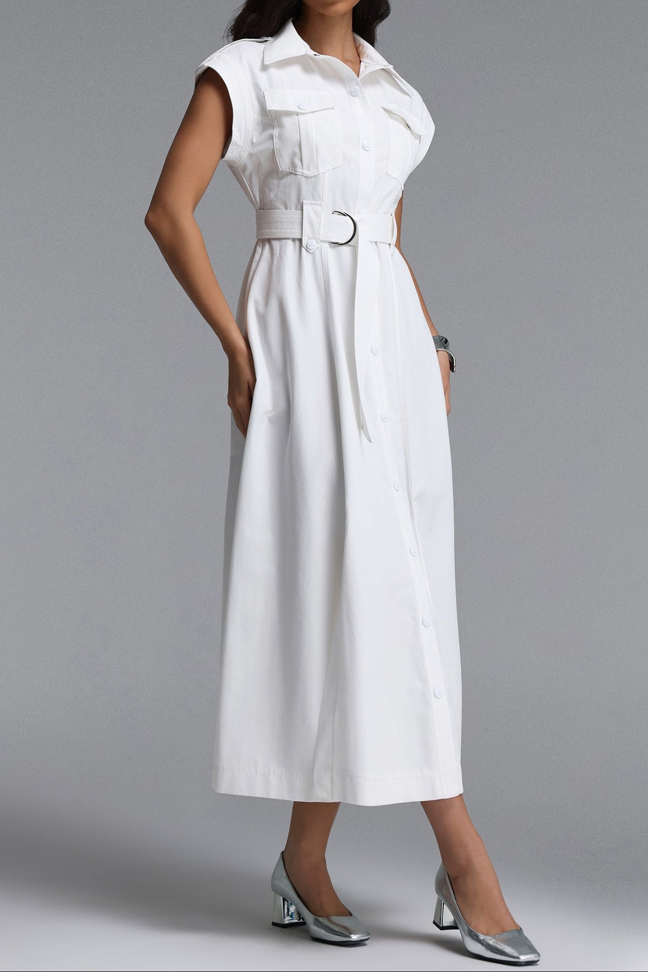 d27c45f8fa8bc6a7a53e0683509a68f7 White Cap Sleeve Belted Cargo Pocket Front Split Midi Shirt Dress