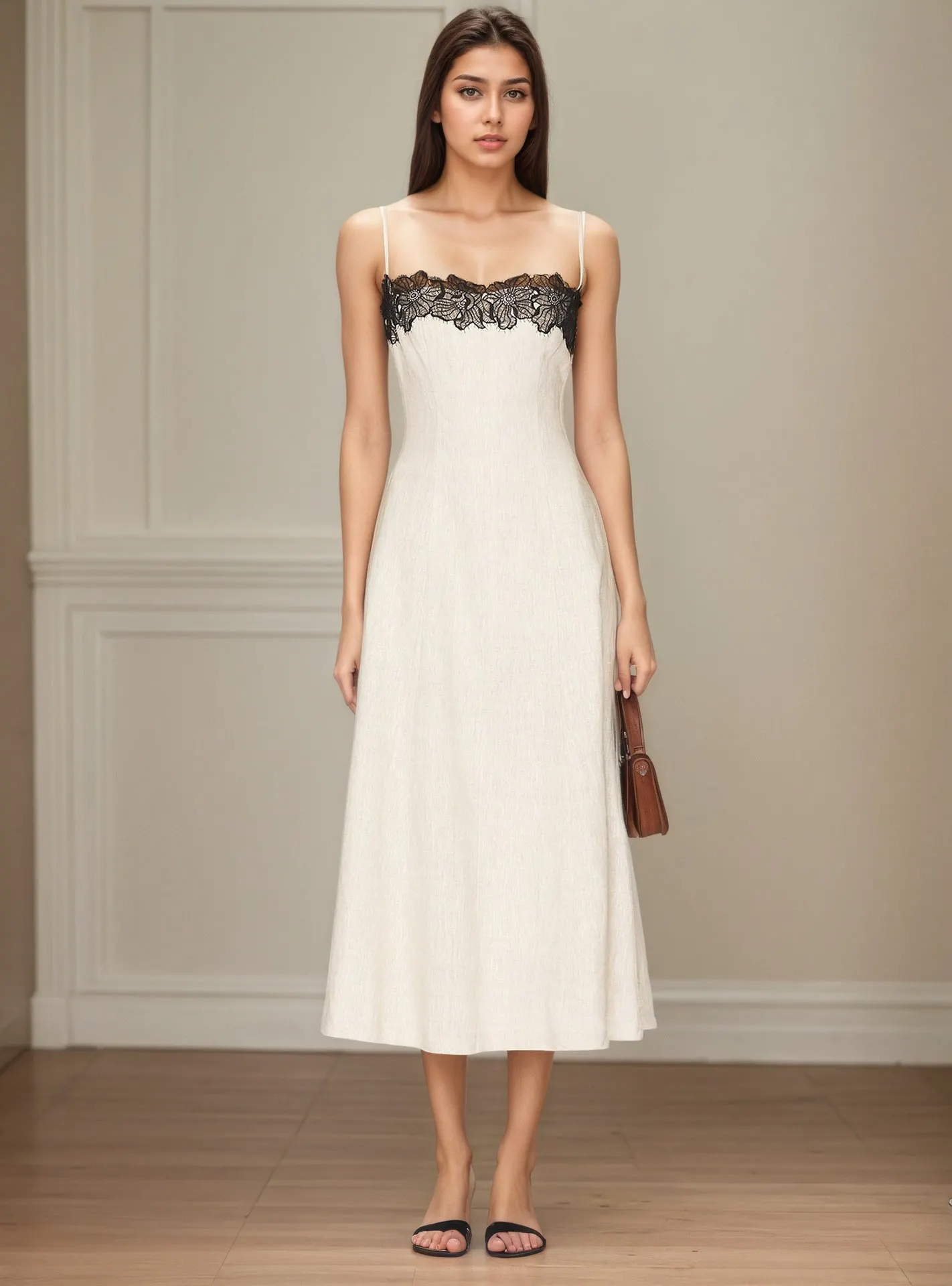 Off White Thin Strap Black Lace Trim Midi Dress Slim Fit Flowy Linen Blend Slip Dress