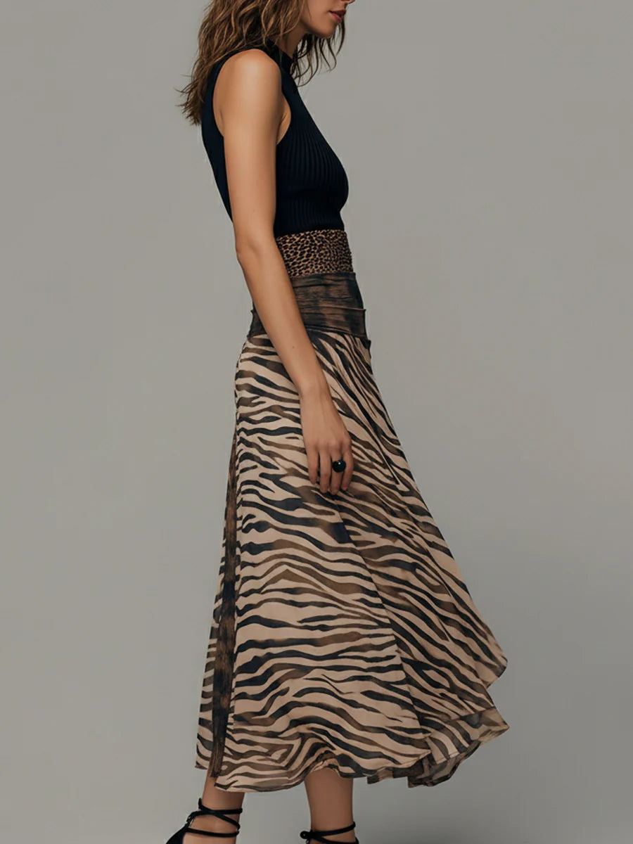 d2e540cf22b2355723e81e60f754fcfc Vintage Zebra Print Patchwork Sleeveless Midi Dress
