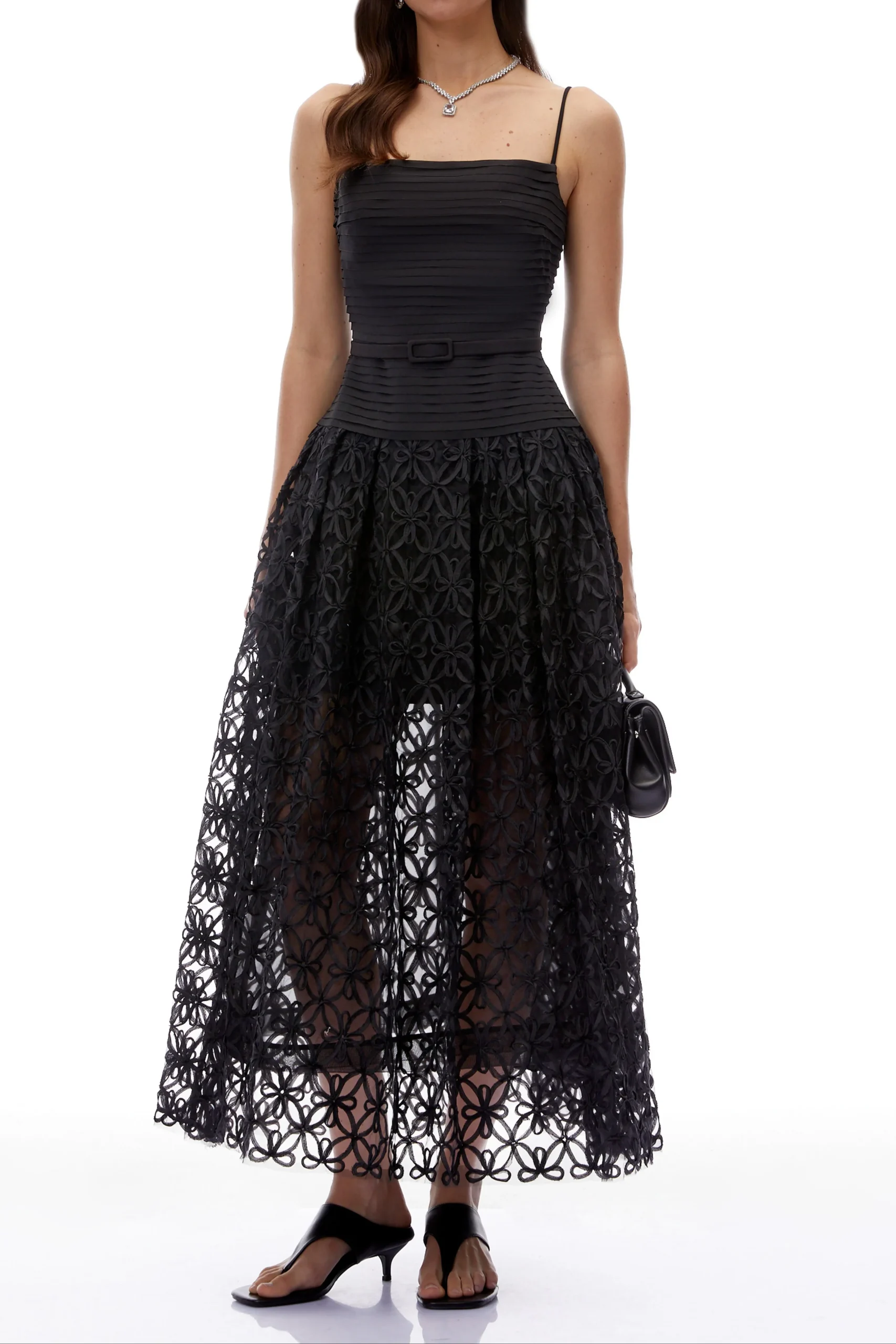 Black Spaghetti Strap Pleated Bodice Floral Cutout Lace Midi Dress