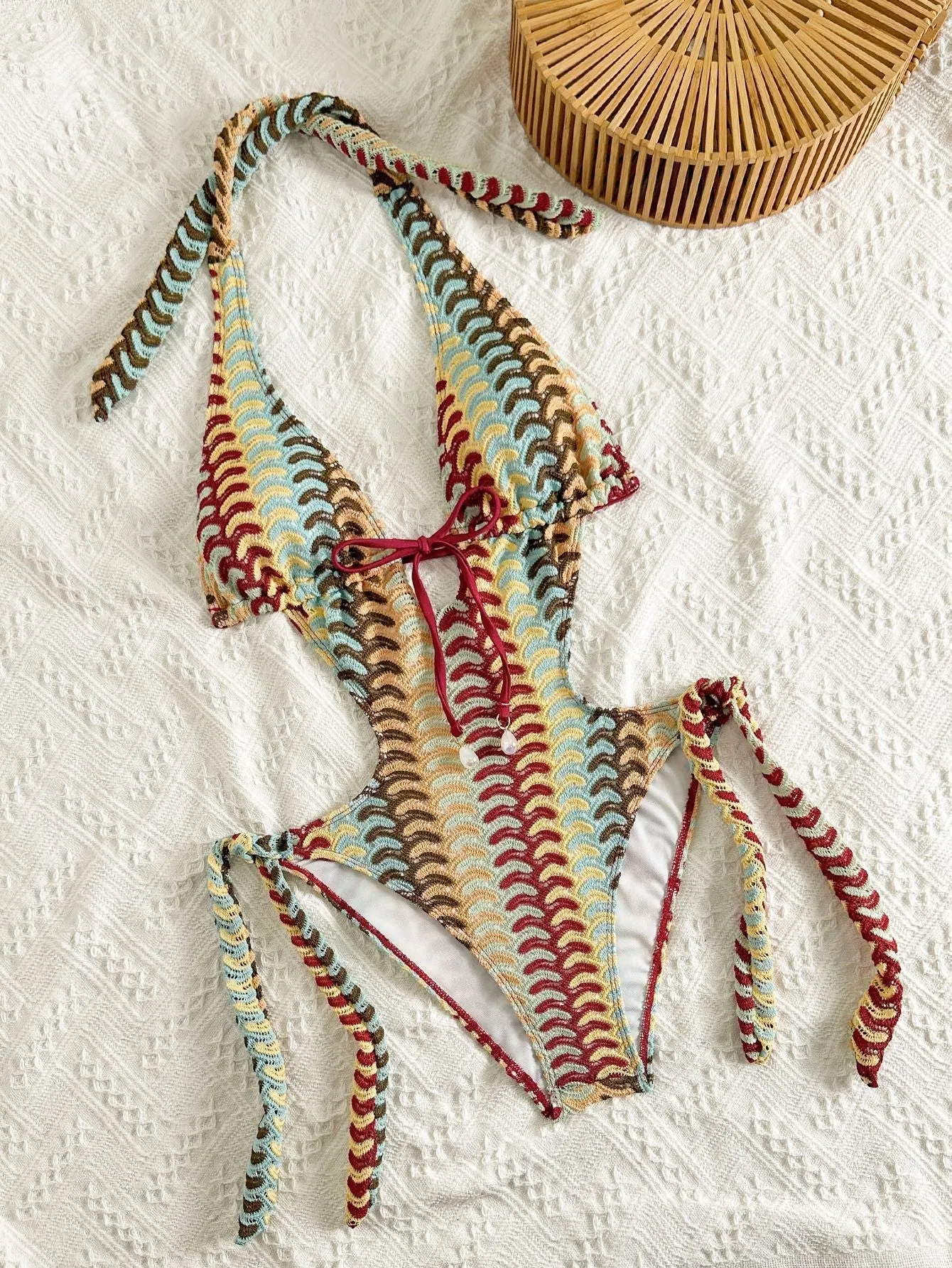 Vintage Wave Stripe Halter Swimsuit