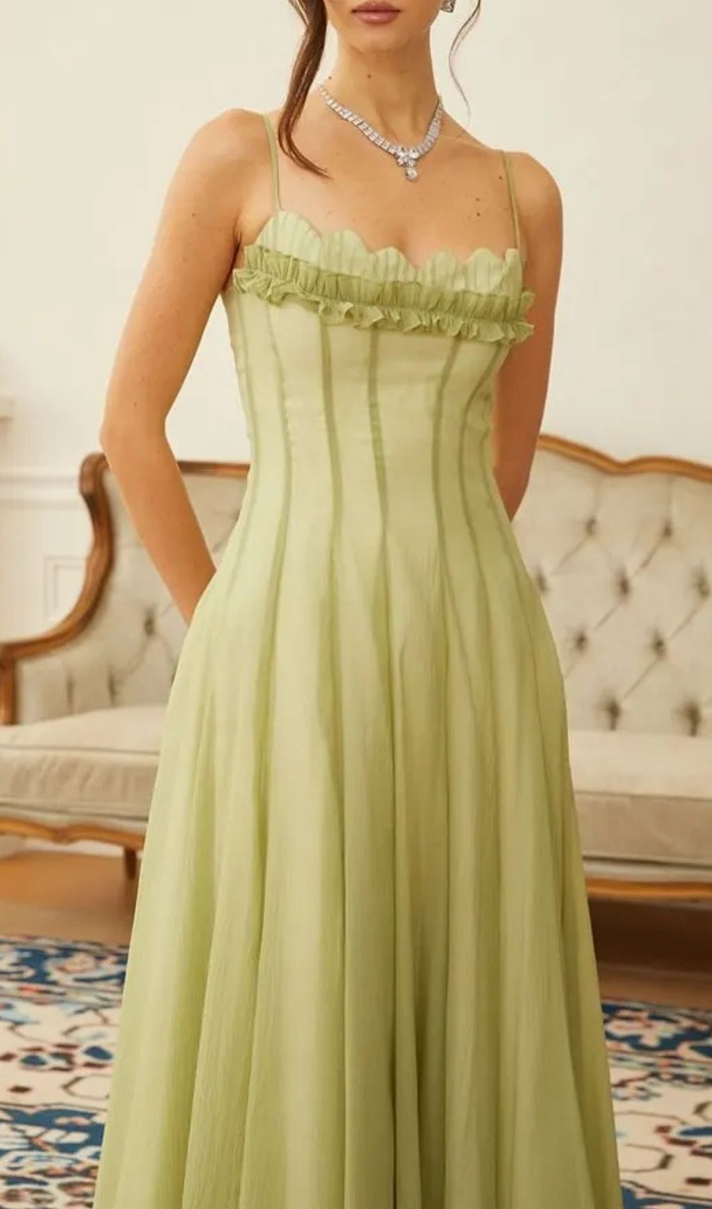 Matcha Ruffled Shirred Tulle Maxi Dress