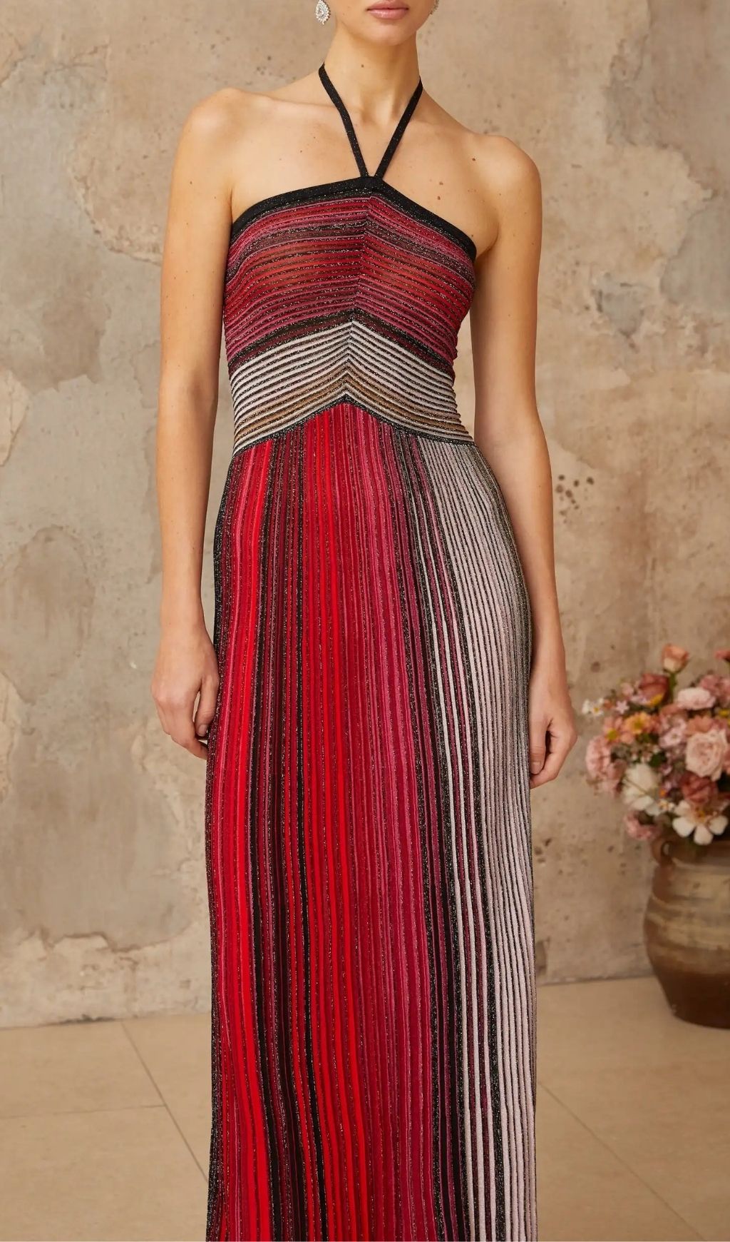 Ulysse Red Metallic Knit Halterneck Maxi Dress